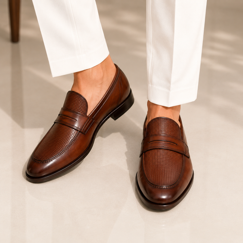 Premium Brown Leather Penny Loafers for Men – Handcrafted Formal Slip-On Dress Shoes