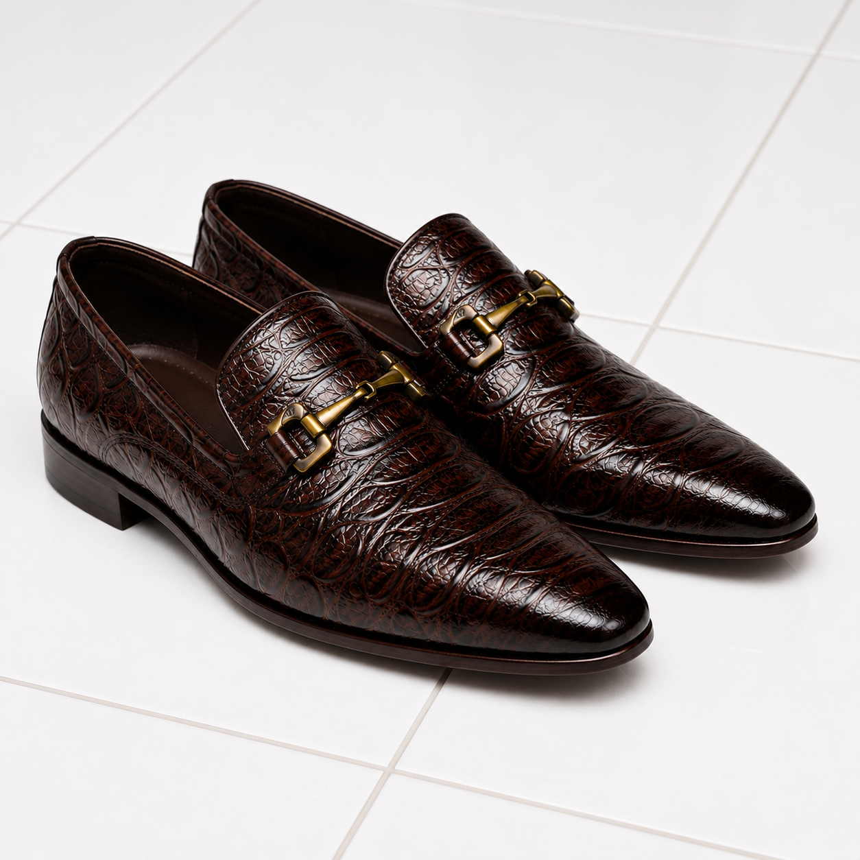 Luxury Croc-Embossed Leather Horsebit Loafers for Men – Handcrafted Brown Formal Dress Shoes