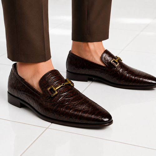 Luxury Croc-Embossed Leather Horsebit Loafers for Men – Handcrafted Brown Formal Dress Shoes