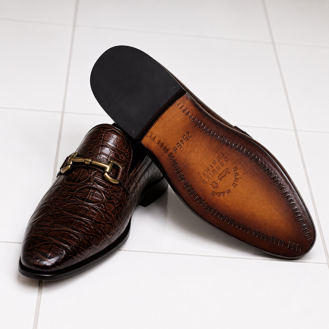 Luxury Croc-Embossed Leather Horsebit Loafers for Men – Handcrafted Brown Formal Dress Shoes