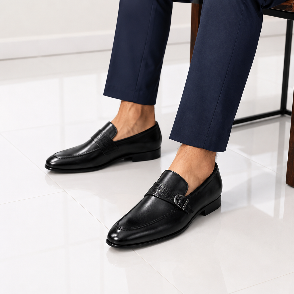 Velmora Black Leather Monk Strap Loafers for Men – Premium Formal Dress Shoes