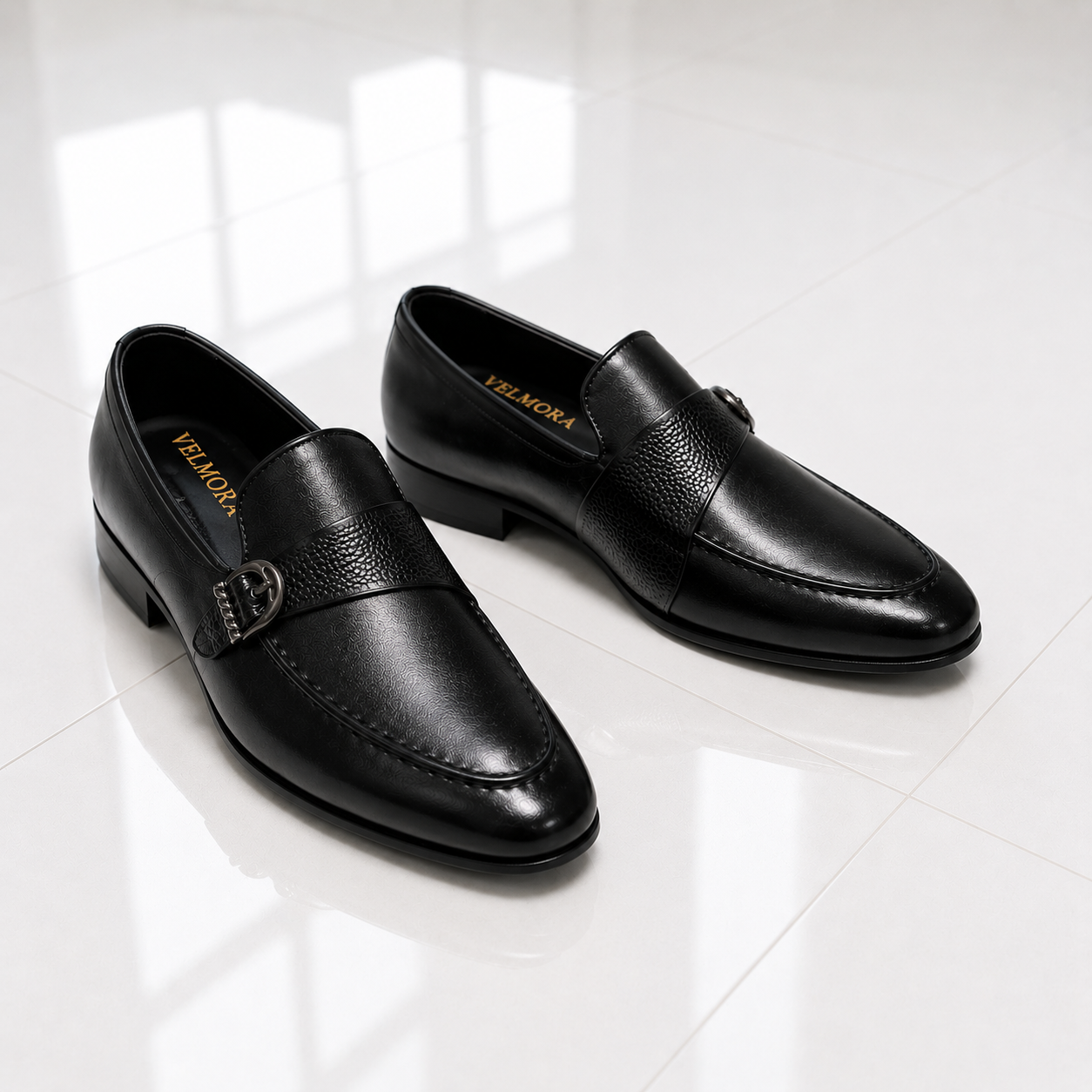 Velmora Black Leather Monk Strap Loafers for Men – Premium Formal Dress Shoes
