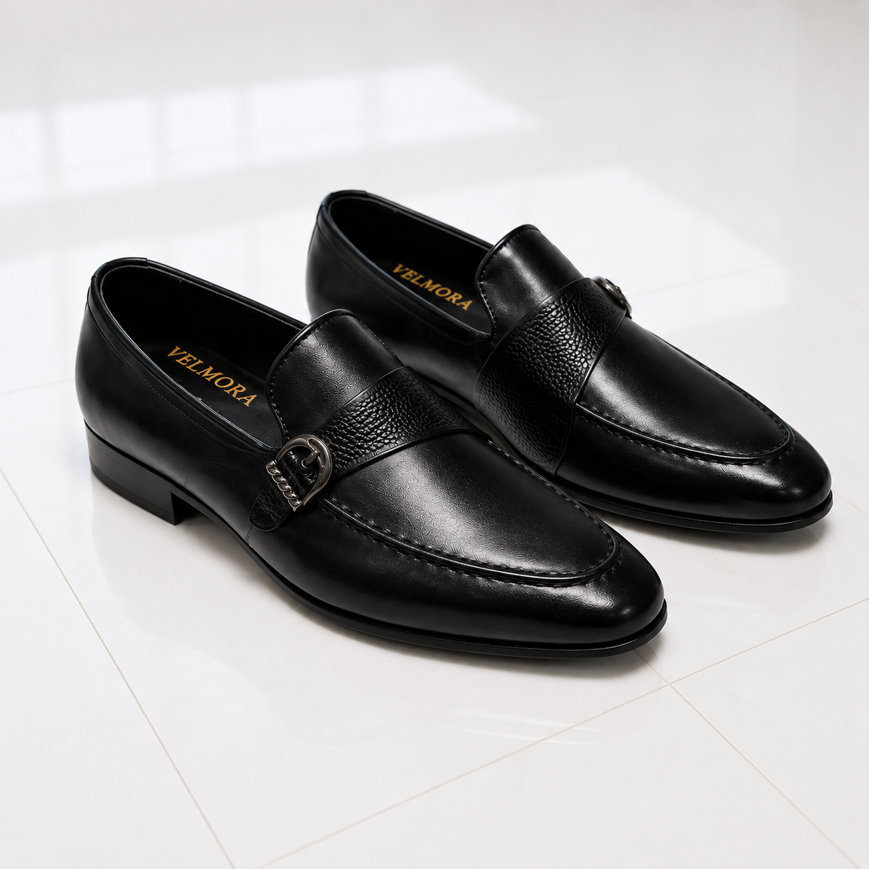 Velmora Black Leather Monk Strap Loafers for Men – Premium Formal Dress Shoes