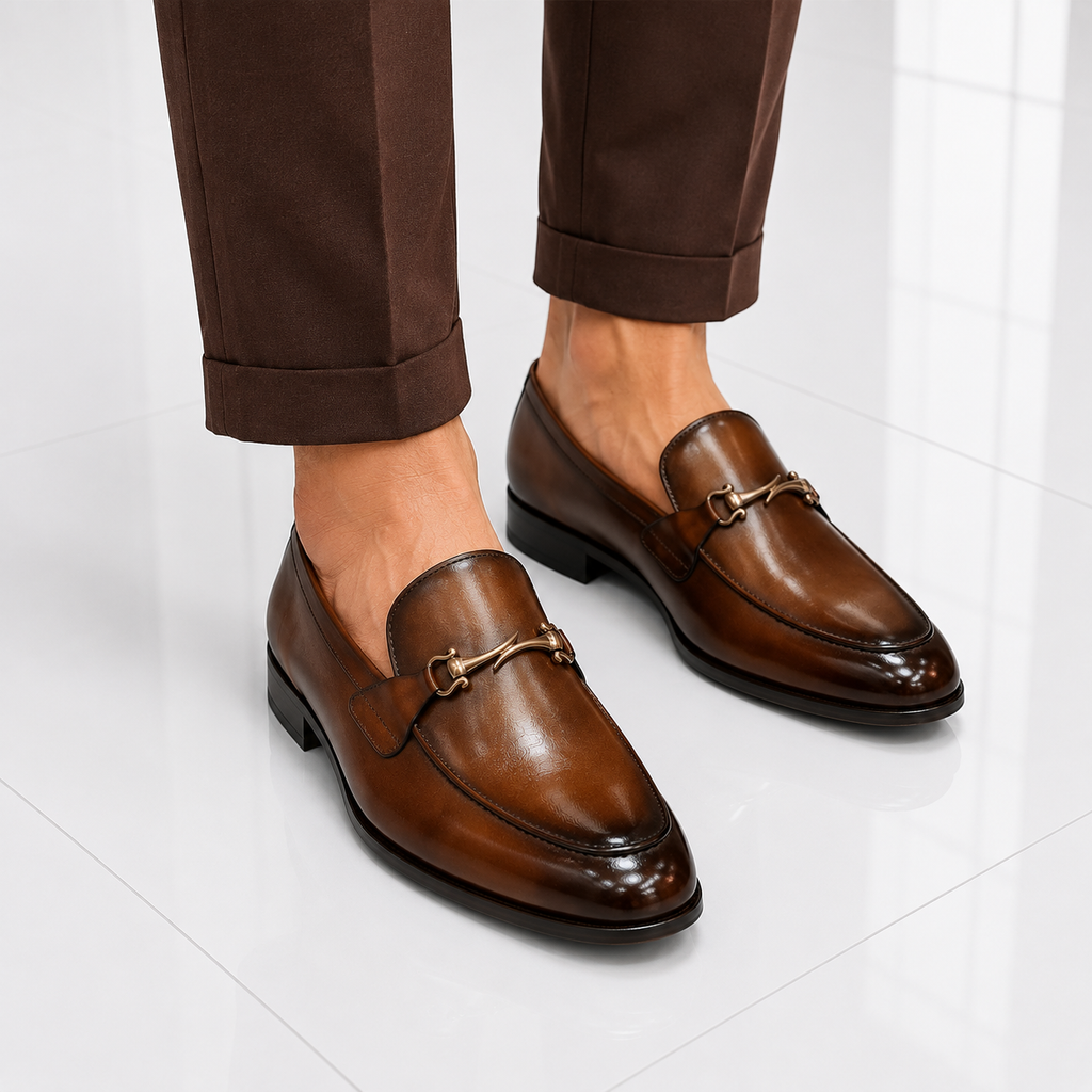 Velmora Brown Leather Horsebit Loafers – Genuine Leather Formal Dress Shoes for Men