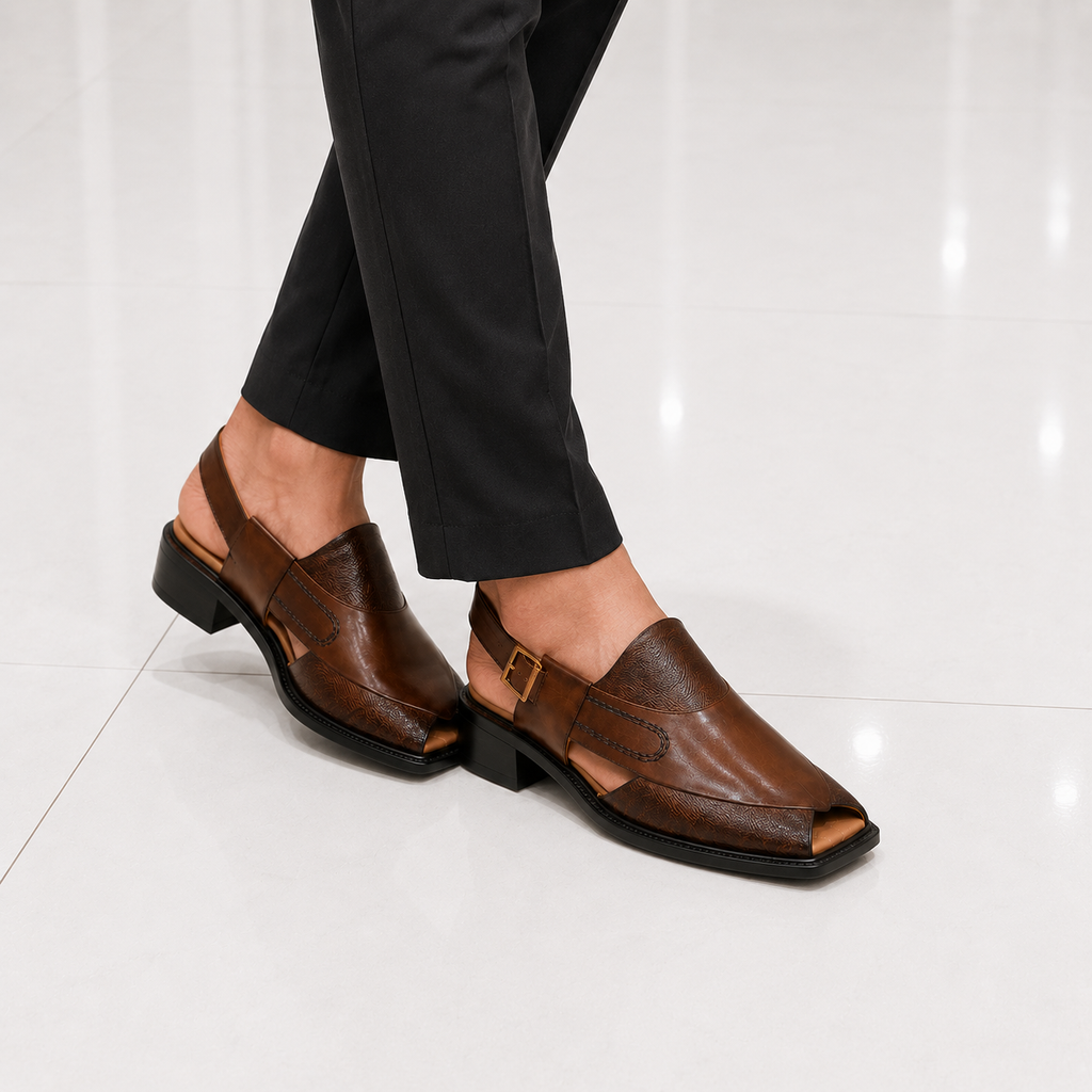 Velmora Brown Genuine Leather Peshawari Sandal for Men