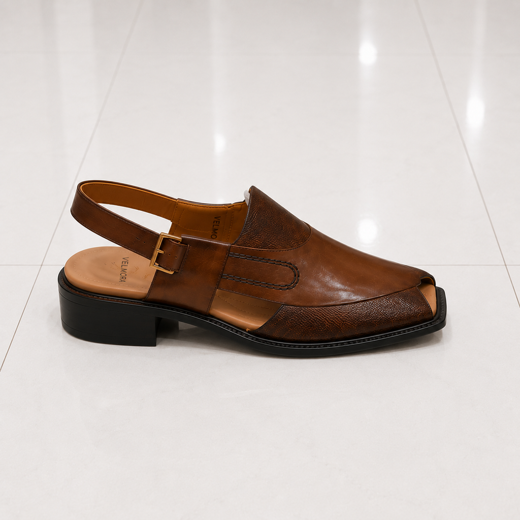 Velmora Brown Genuine Leather Peshawari Sandal for Men