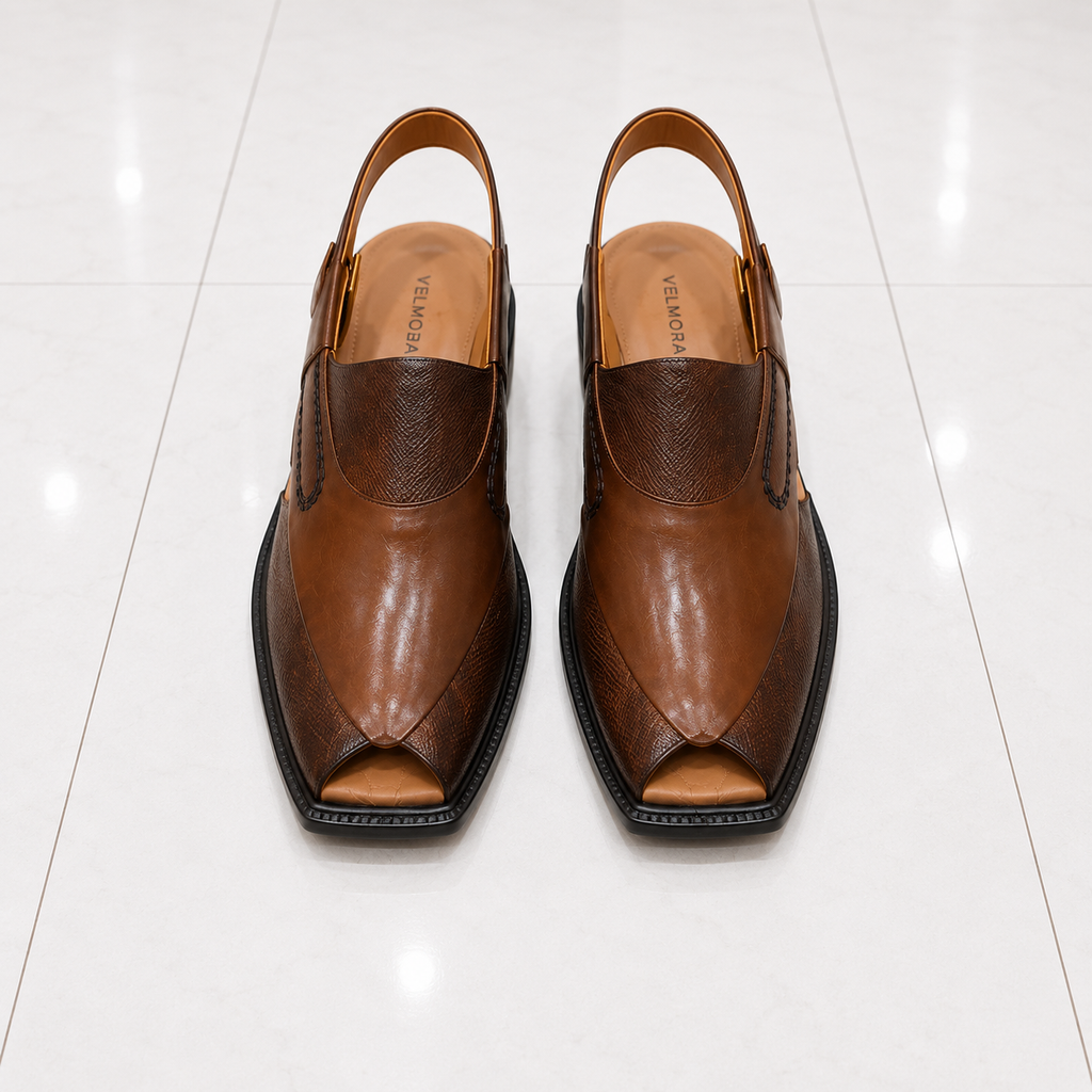 Velmora Brown Genuine Leather Peshawari Sandal for Men