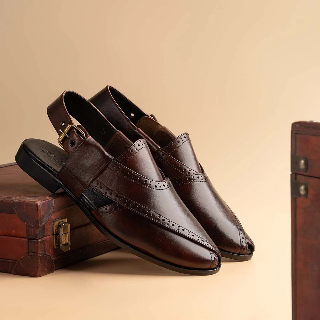 Brown Brogue Leather Peshawari Chappal-VM209