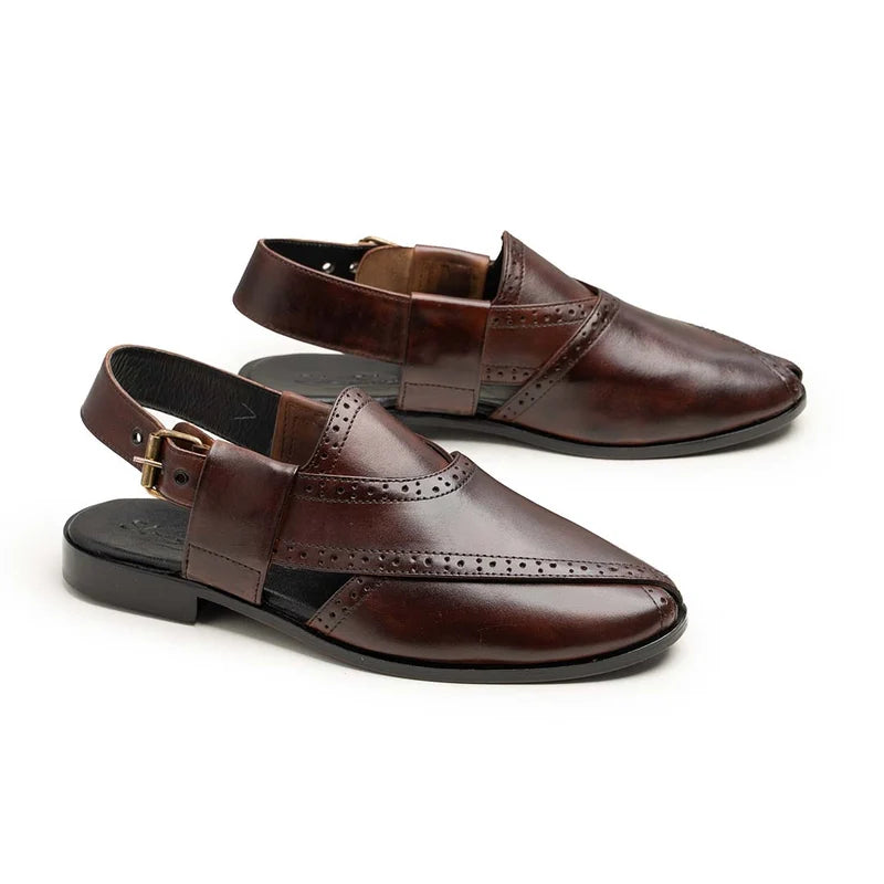 Brown Brogue Leather Peshawari Chappal-VM209