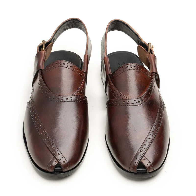 Brown Brogue Leather Peshawari Chappal-VM209